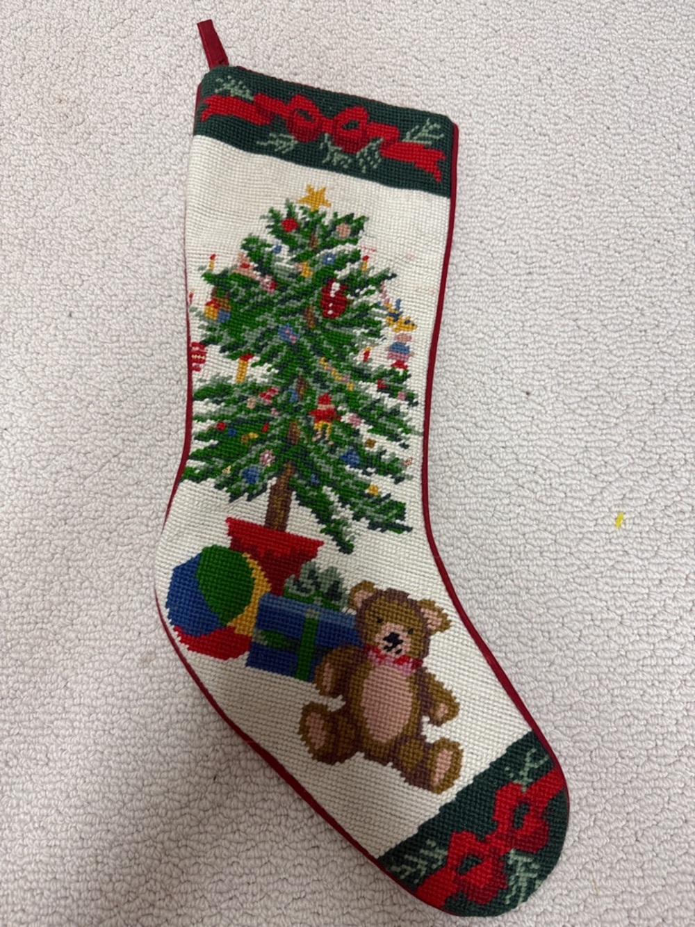 Hand-stitched Christmas Stocking with Tree & Teddy - Red Trim